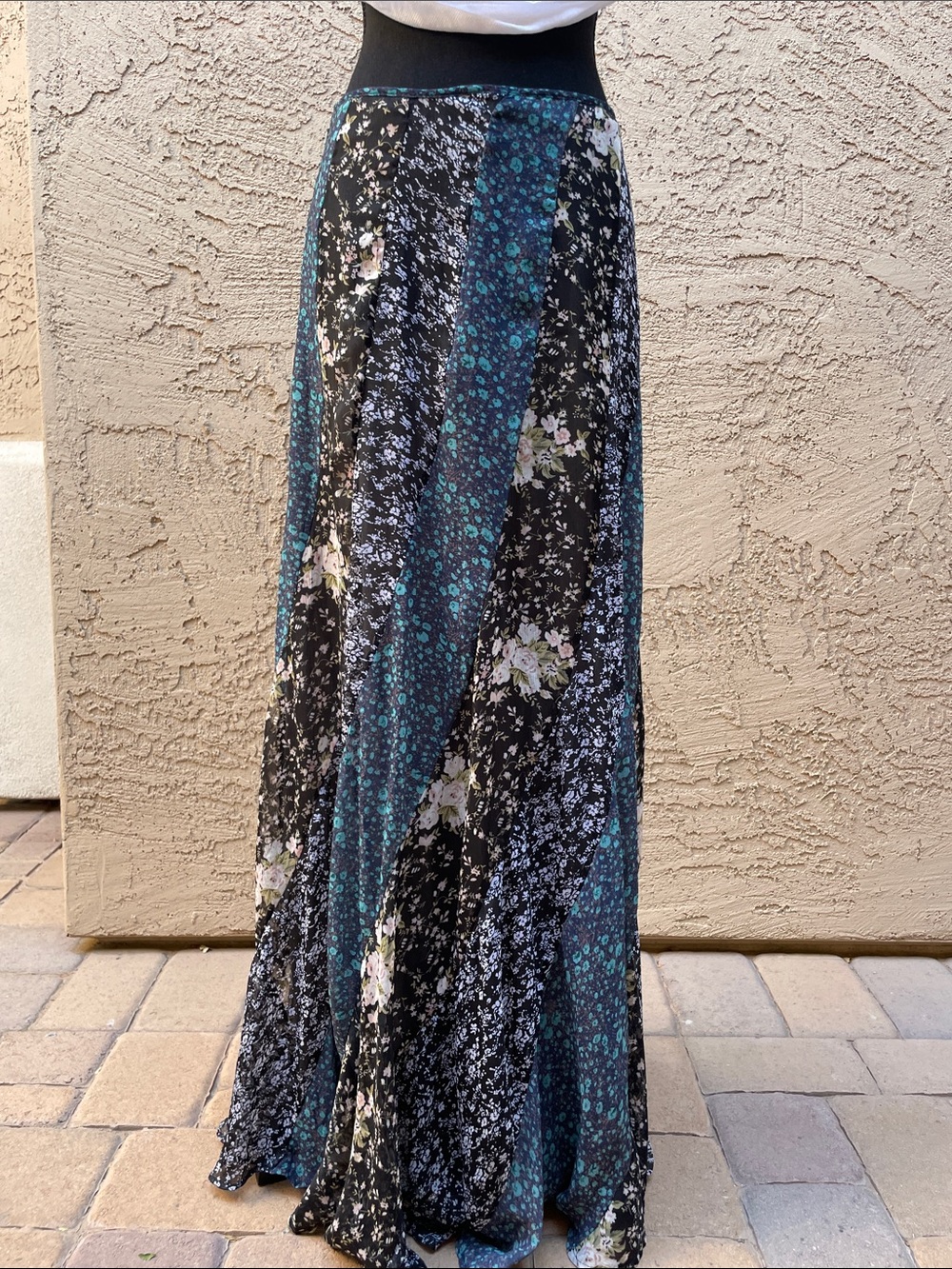 Free People High Waist Black and Teal Floral Patchwork Maxi Skirt